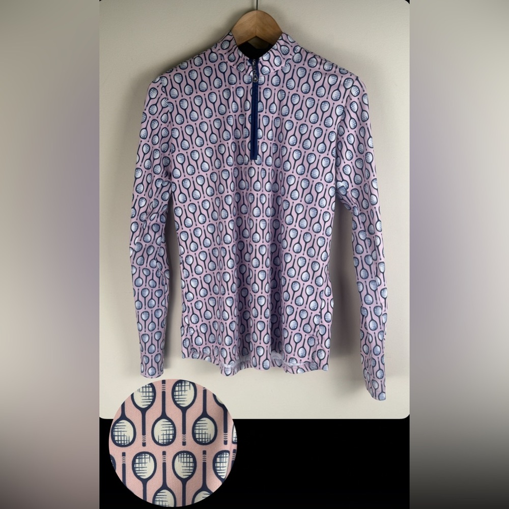 San Soleil Raquet Print Long Sleeve Shirt Medium Pink Tennis Pickleball UPF 50